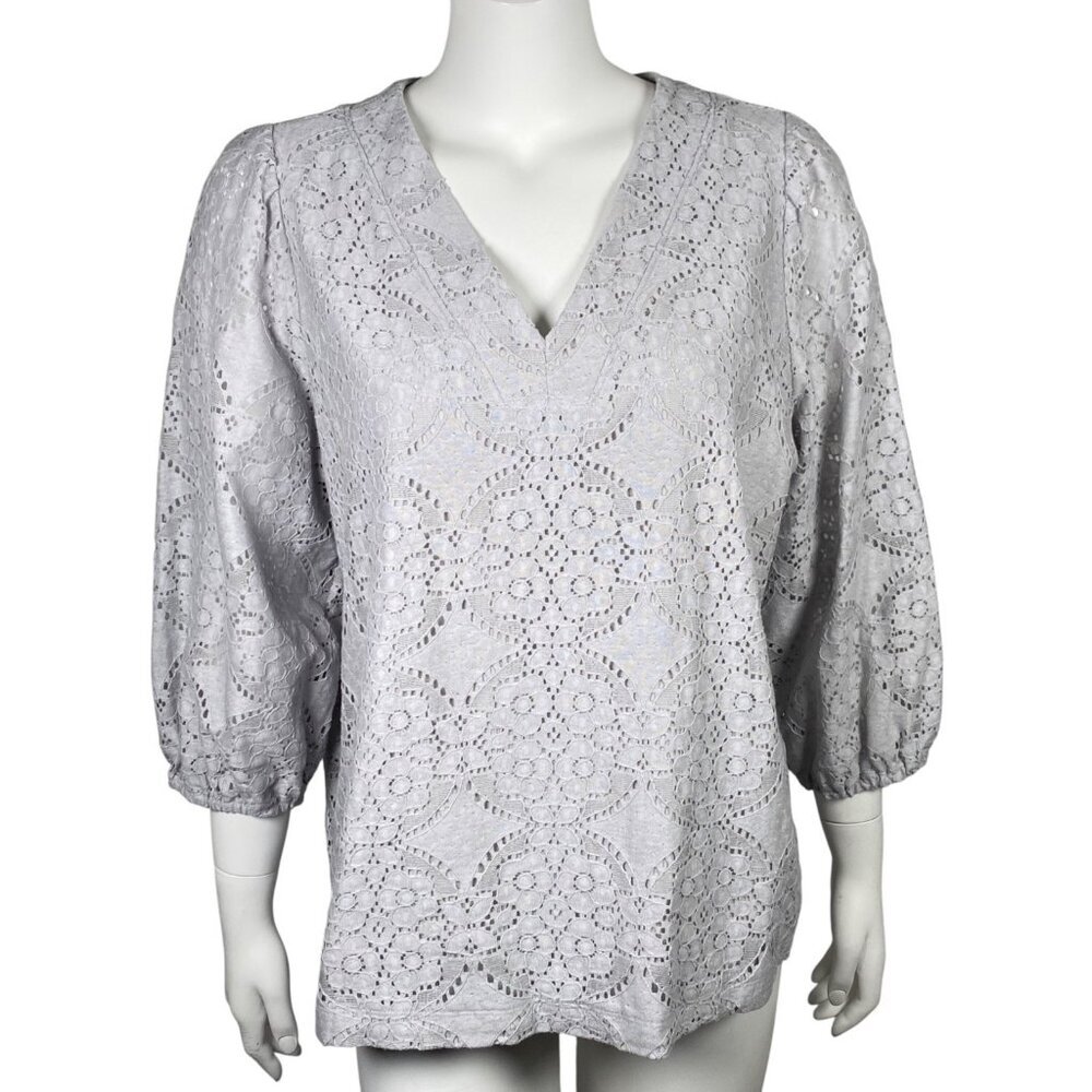 J Jill Lace Knit Shirt Womens Size M Gray 3/4 Sleeves V Neck Lined Pullover